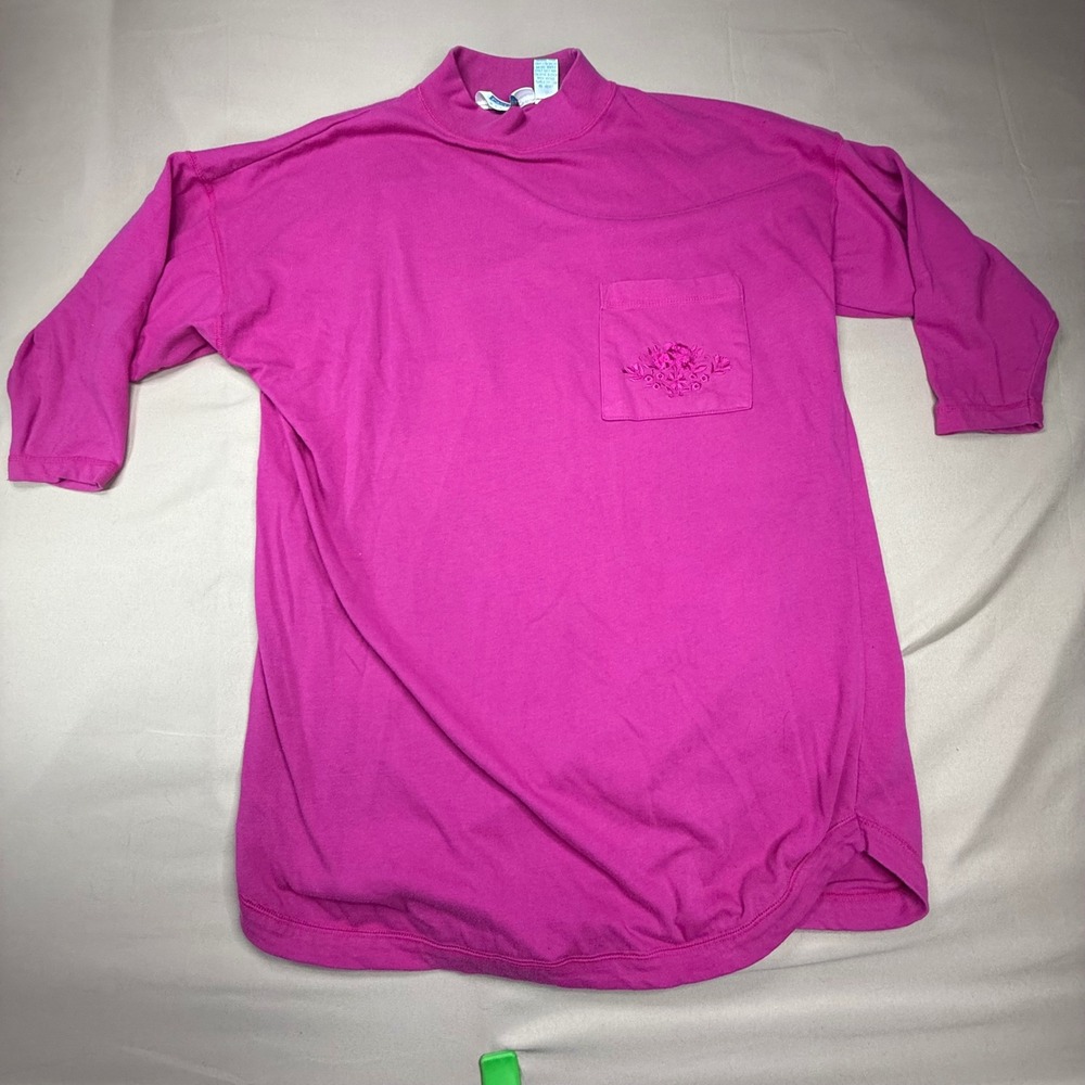 Vintage 90s Partners Mervyns Mock Neck Embroidered Pocket Top Magenta Pink XL
